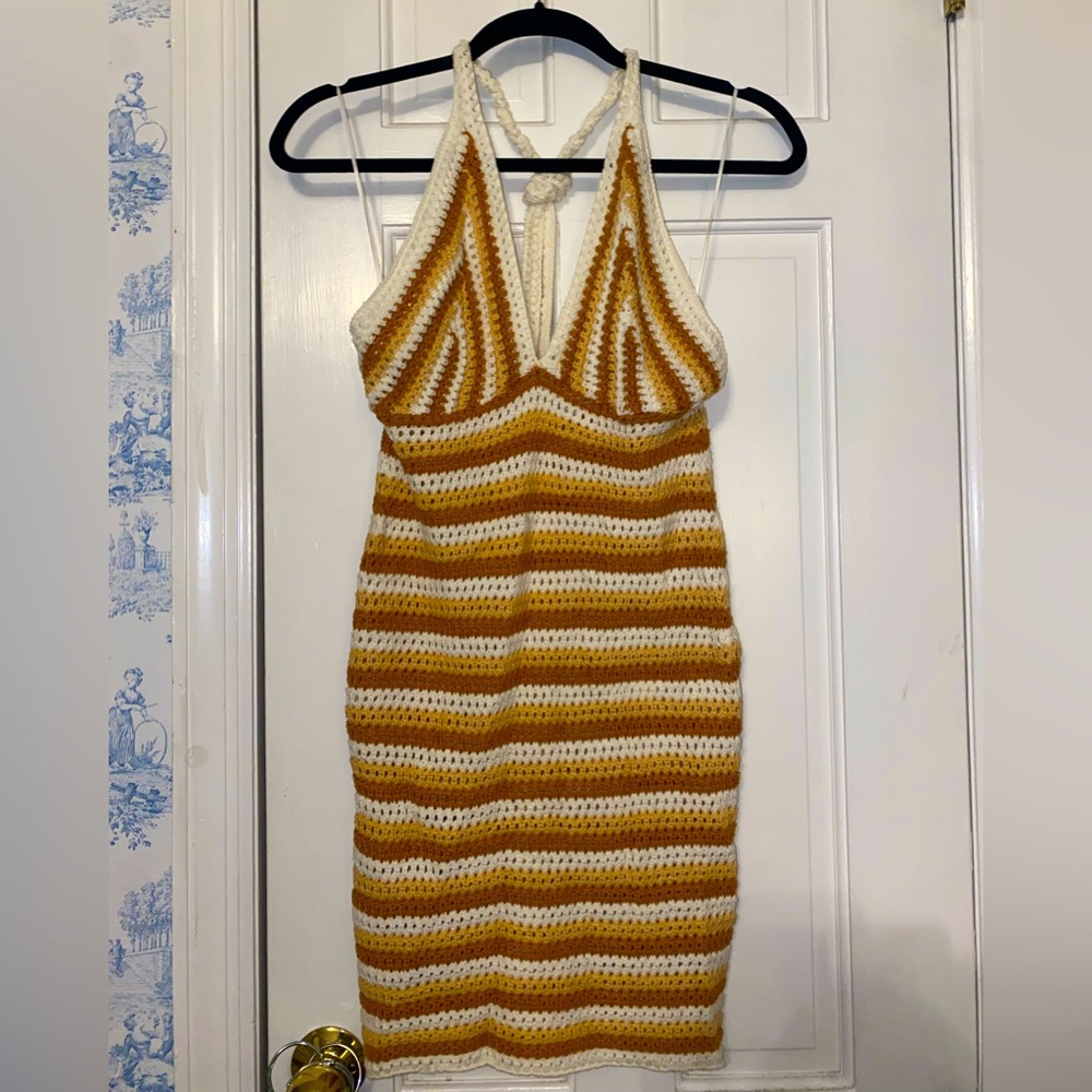 Crochet halter neck mini dress with adjustable necktie and open back in small